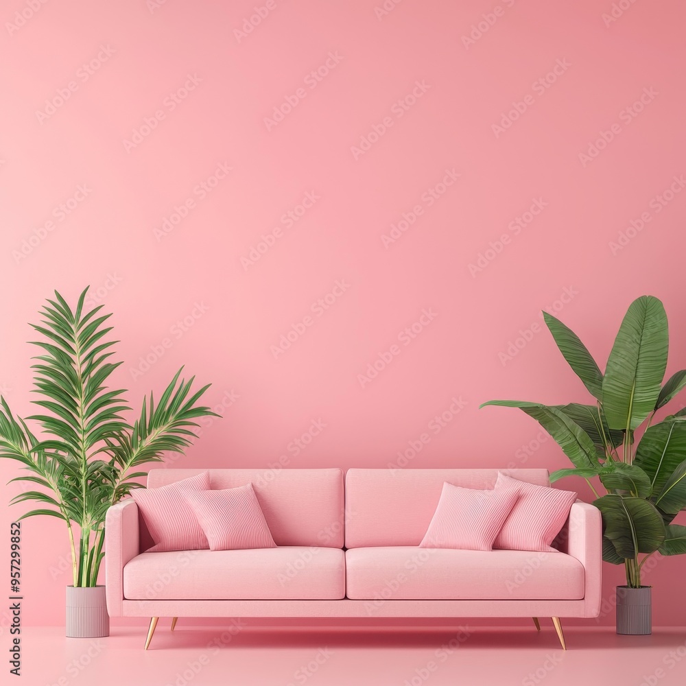Contemporary pink living space, sleek sofa and tropical greenery, 3D illustration Contemporary pink living space, sleek sofa and tropical greenery, 3D illustration