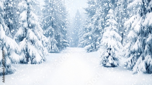 A serene winter wonderland adorned with tall snow-laden trees and a soft, powdery path winding through the enchanting forest