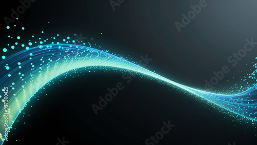 Digital blue and green particles wave and light abstract background with shining dots.