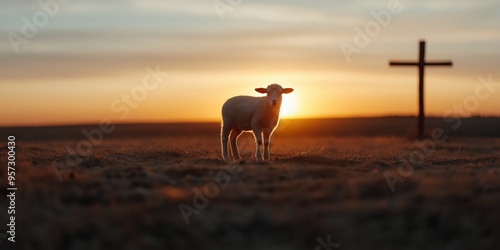 Lamb of God Standing Near a Cross at Sunset, Symbolizing Christian Faith and Spirituality