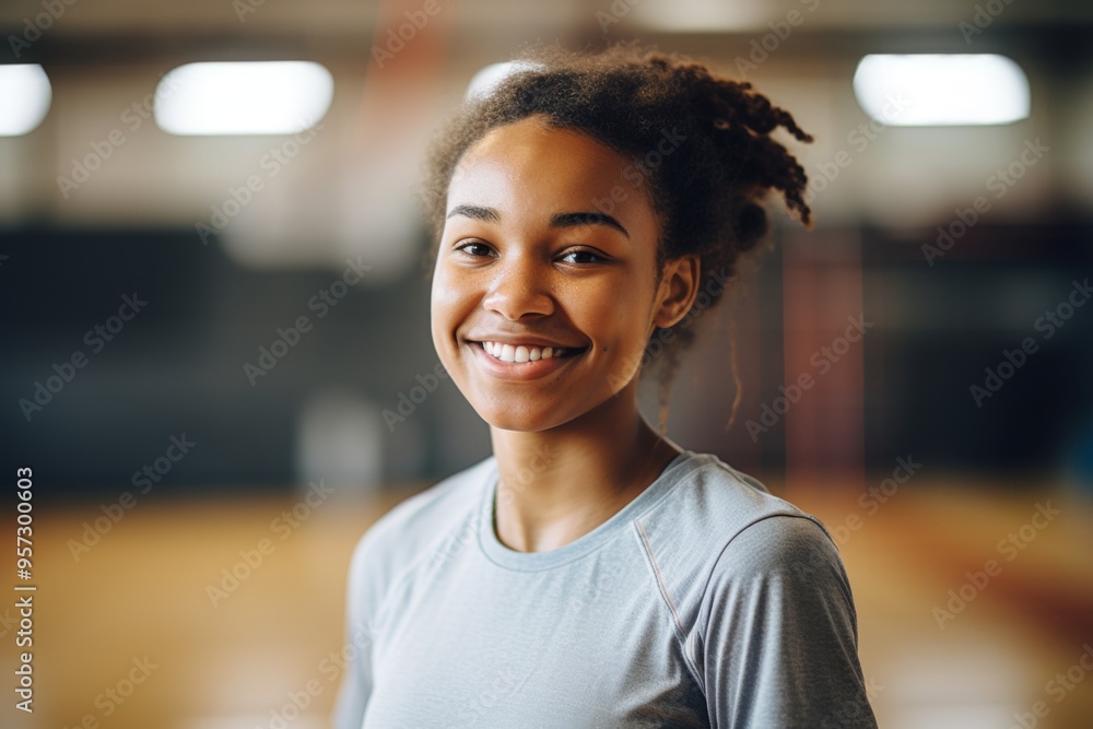 Fototapeta premium Portrait of a smiling teenage female African American basketball player