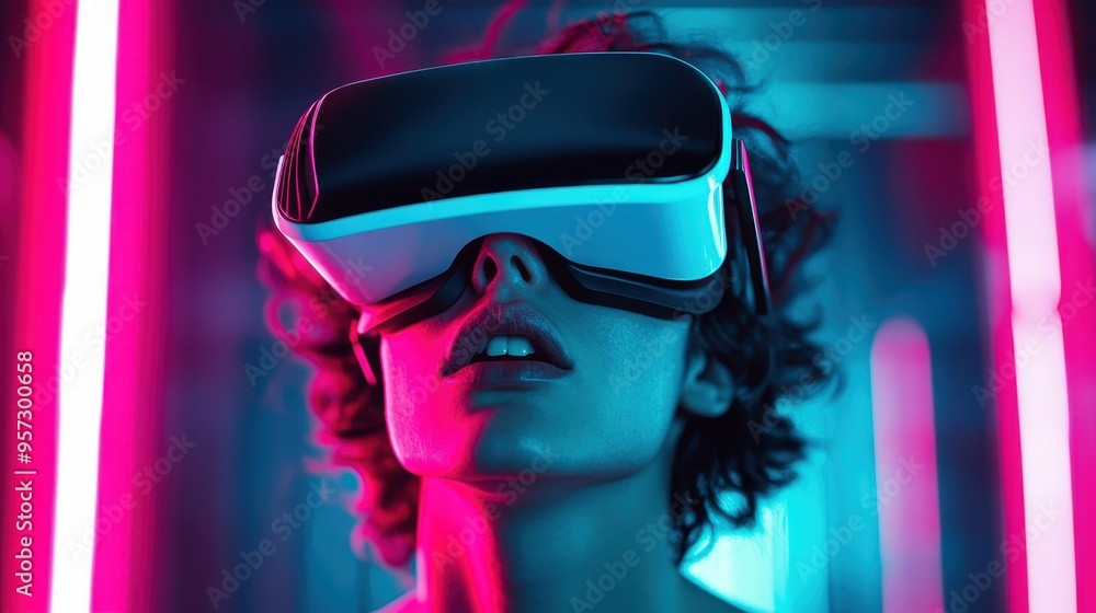 A youth is seen experiencing virtual reality with a VR headset, surrounded by vibrant neon lights, creating a futuristic and dynamic atmosphere in a digital realm. A youth is seen experiencing virtual reality with a VR headset, surrounded by vibrant neon lights, creating a futuristic and dynamic atmosphere in a digital realm.