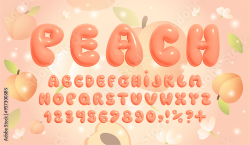 Three-dimensional bubble alphabet. Delicate, on-trend peach font in trendy 2000s or y2k style. Fully vector