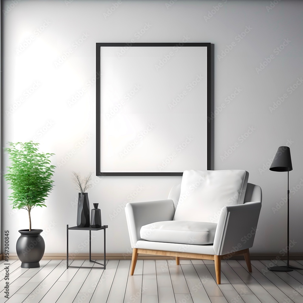 Fototapeta premium Blank white canvas in frame for mockups, posters and art illustrations, to display your artwork