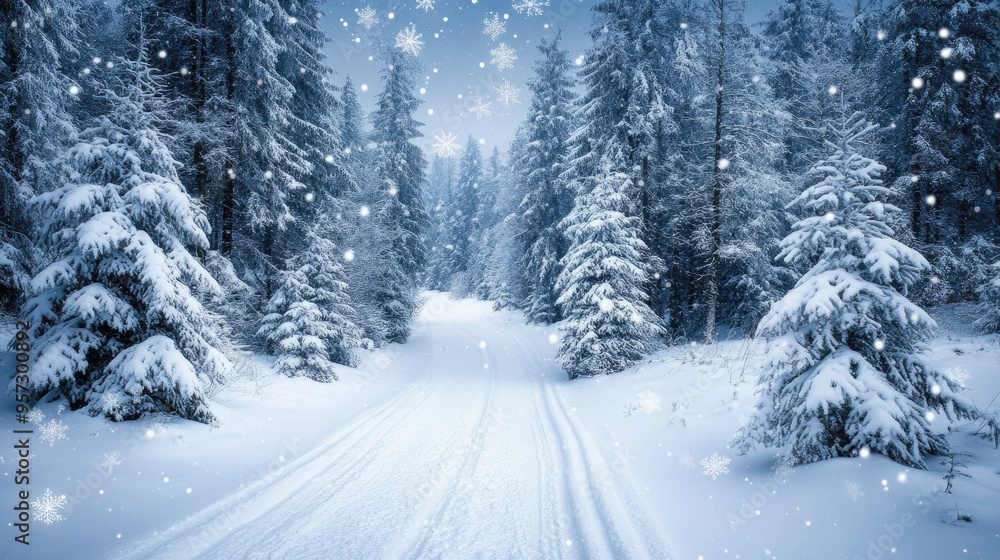 A serene winter wonderland adorned with tall snow-laden trees and a soft, powdery path winding through the enchanting forest A serene winter wonderland adorned with tall snow-laden trees and a soft, powdery path winding through the enchanting forest