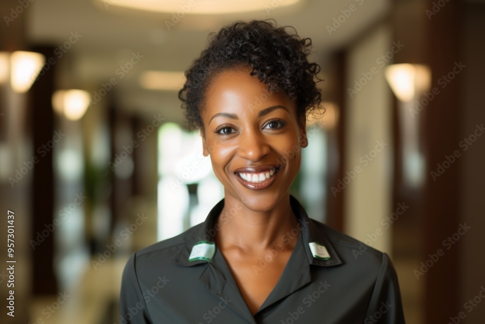 Portrait of a smiling middle aged black maid in hotel lobby Portrait of a smiling middle aged black maid in hotel lobby