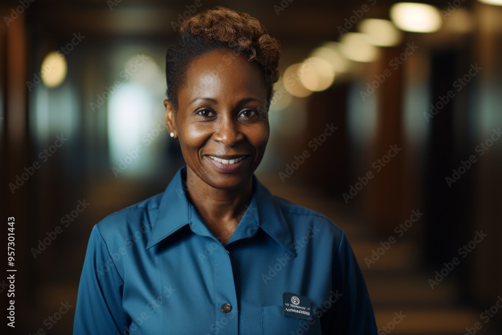 Portrait of a smiling middle aged black maid in hotel lobby Portrait of a smiling middle aged black maid in hotel lobby
