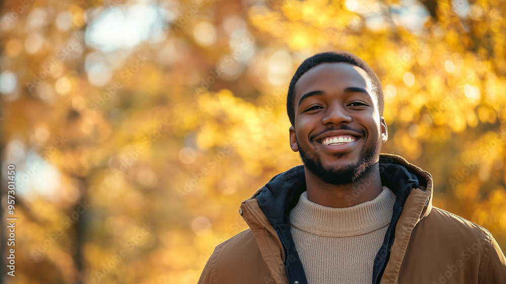 Portrait of young happy smiling black man in autumn park, positive cheerful young man enjoying a walk outdoors in autumn forest. Active lifestyle, good health. Enjoying outdoors. Portrait of young happy smiling black man in autumn park, positive cheerful young man enjoying a walk outdoors in autumn forest. Active lifestyle, good health. Enjoying outdoors.