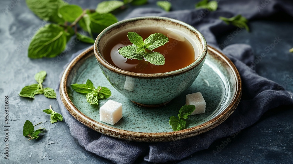 A cup of spearmint tea, with mint leaves and a few sugar cubes placed on a ceramic plate A cup of spearmint tea, with mint leaves and a few sugar cubes placed on a ceramic plate