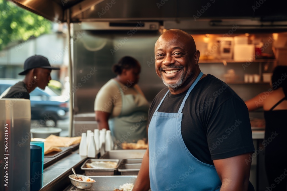 Smiling portrait of a middle aged African American male food truck owner Smiling portrait of a middle aged African American male food truck owner