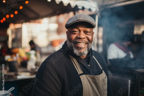 Smiling portrait of a middle aged African American male food truck owner