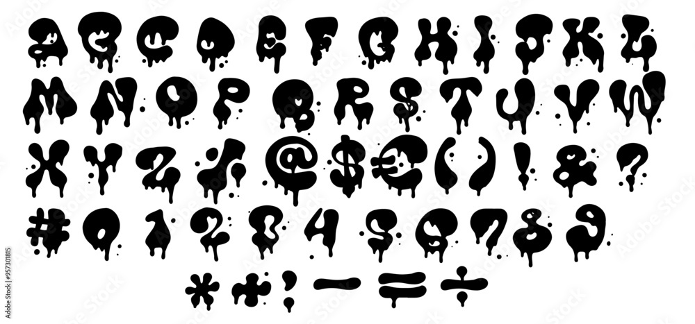Blak and white melting liquid font set. Abstract fluid droplet shape. Isolated vector letter for y2k style abc design in grungy style Blak and white melting liquid font set. Abstract fluid droplet shape. Isolated vector letter for y2k style abc design in grungy style