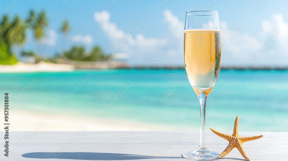 Tranquil Seaside Luxury: Champagne Glass and Starfish Adorning Beach Bliss Tranquil Seaside Luxury: Champagne Glass and Starfish Adorning Beach Bliss