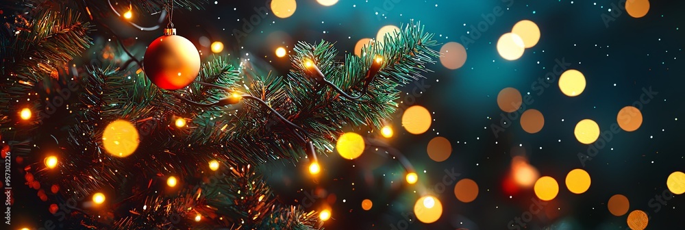 The image features warm glowing lights wrapped around a festive Christmas tree branch, enhancing the cozy and inviting atmosphere often associated with holiday decorations. The image features warm glowing lights wrapped around a festive Christmas tree branch, enhancing the cozy and inviting atmosphere often associated with holiday decorations.
