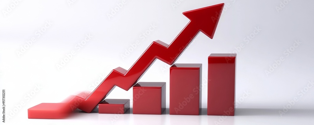 Red arrow pointing up on bar graph showing increasing trend and growth Red arrow pointing up on bar graph showing increasing trend and growth