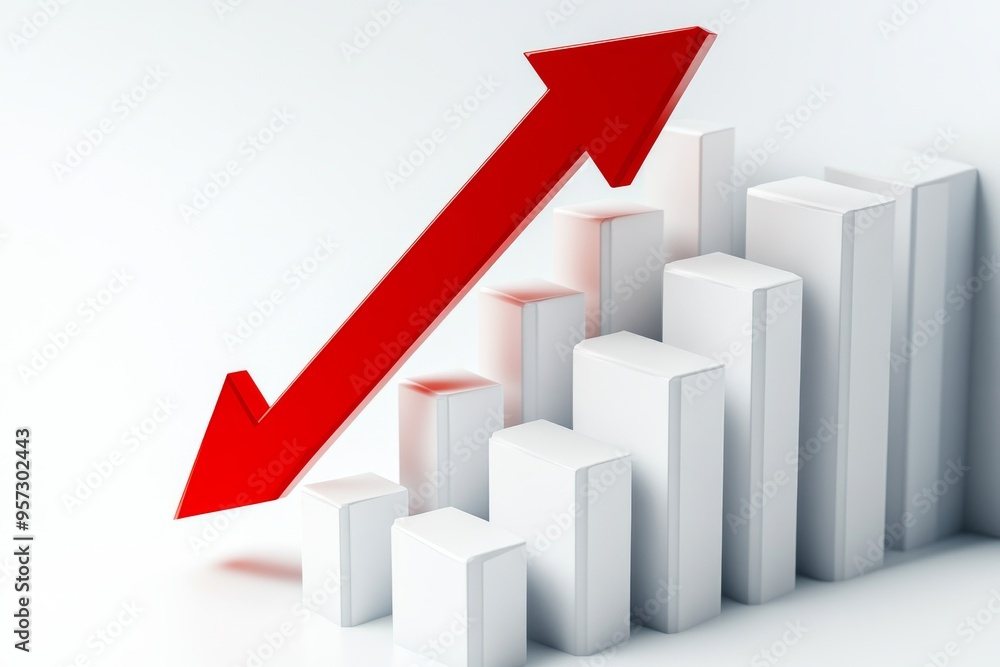 Red arrow pointing upwards on bar chart representing growth and success Red arrow pointing upwards on bar chart representing growth and success