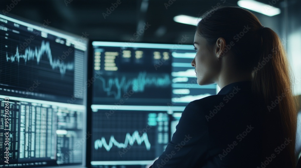 Professional Woman Analyzing Data on Multiple Screens Professional Woman Analyzing Data on Multiple Screens