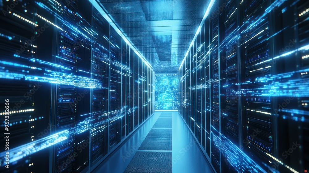 Server rack corridor with glowing internet connection. Server rack corridor with glowing internet connection.
