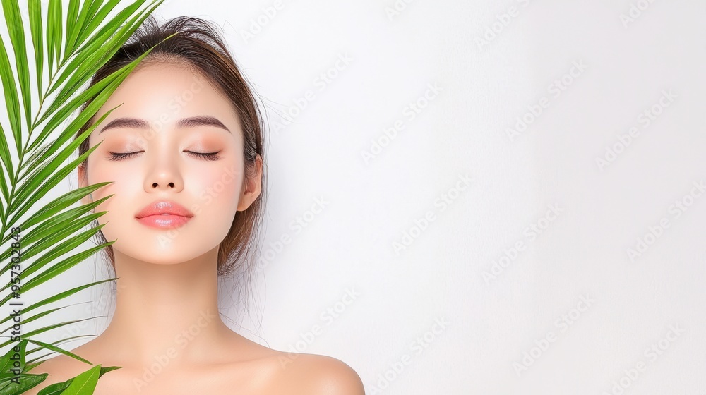 Serene Beauty Ritual: Asian Woman in Skincare Editorial Amidst Lush Botanical Leaves Serene Beauty Ritual: Asian Woman in Skincare Editorial Amidst Lush Botanical Leaves