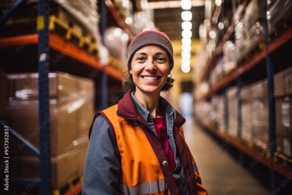 Portrait of a smiling middle aged female warehouse worker Portrait of a smiling middle aged female warehouse worker