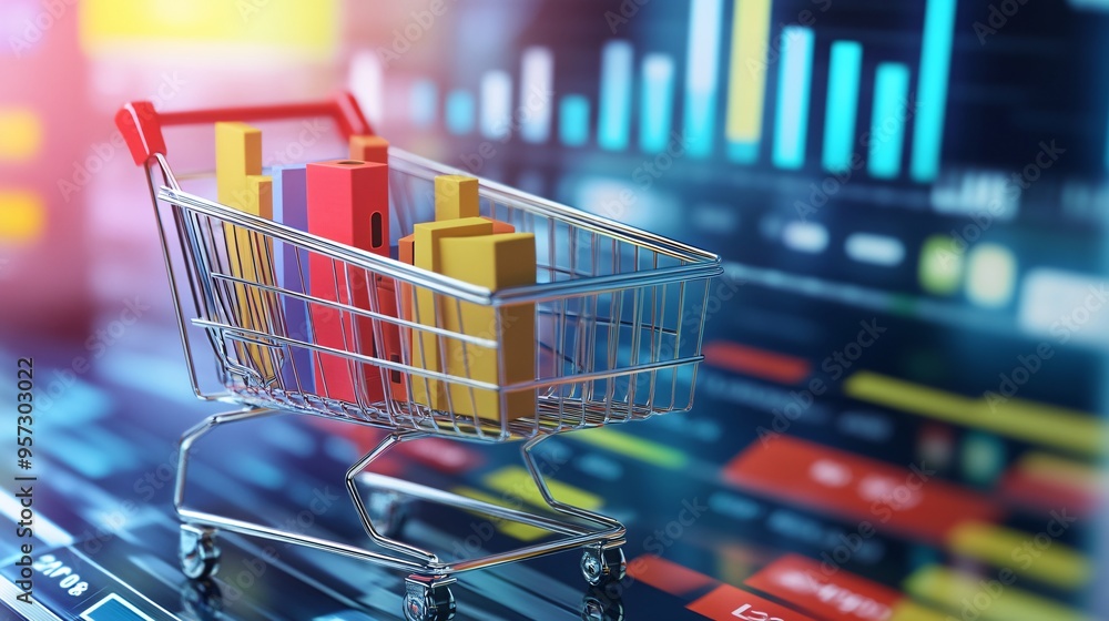 Ecommerce sales analysis, digital cart and sales metrics, 3D illustration Ecommerce sales analysis, digital cart and sales metrics, 3D illustration