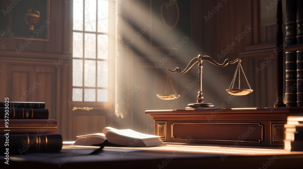 A courtroom scene with a judge bench, legal books, and a set of scales of justice prominently displayed, capturing the essence of legal proceedings and the pursuit of fairness. A courtroom scene with a judge bench, legal books, and a set of scales of justice prominently displayed, capturing the essence of legal proceedings and the pursuit of fairness.