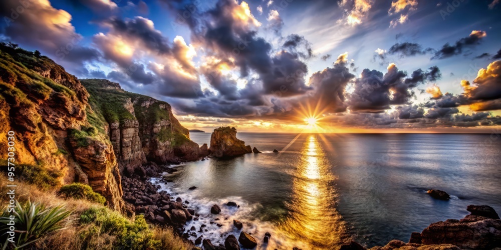 Waves crashing on a rocky coastline at sunset with a dramatic sky Waves crashing on a rocky coastline at sunset with a dramatic sky