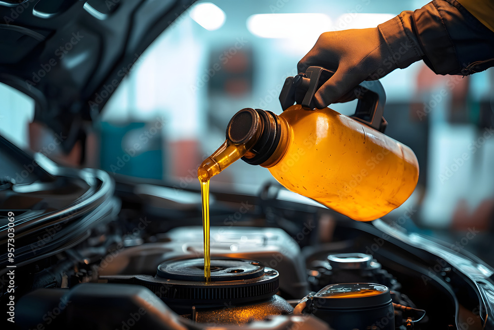 The mechanic is pouring oil into the car engine The mechanic is pouring oil into the car engine