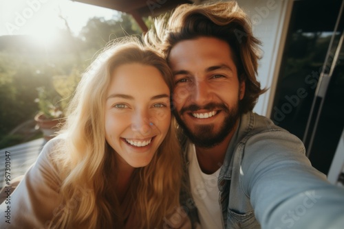 Young Caucasian couple taking selfie in modern home