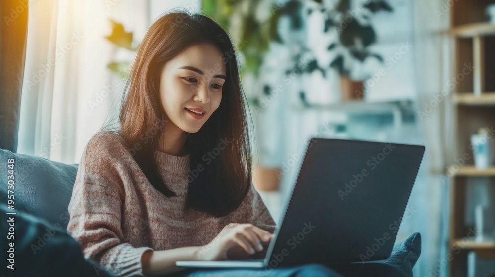 Young Woman Working on Laptop in Cozy Setting Young Woman Working on Laptop in Cozy Setting
