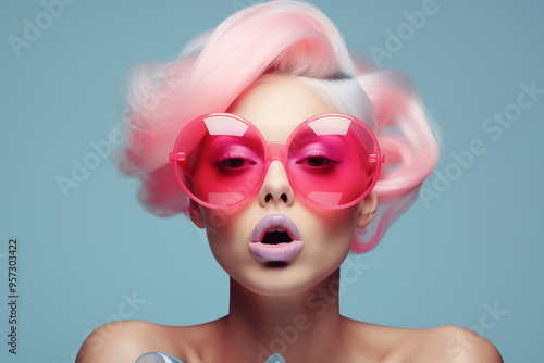 Fashion Model with Pink Curly Wig and Oversized Sunglasses photo