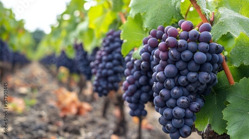Wallpaper Mural A close-up of a bunch of ripe purple grapes hanging from a vine in a sunlit vineyard, poised for harvest Torontodigital.ca