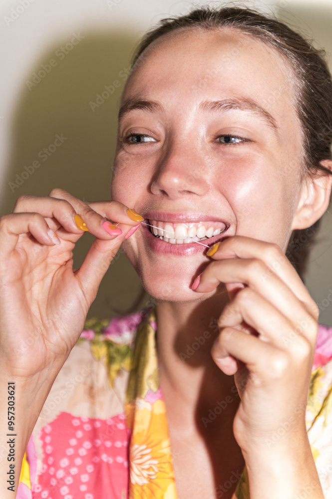 Woman flossing teeth, lo-fi, direct flash Woman flossing teeth, lo-fi, direct flash