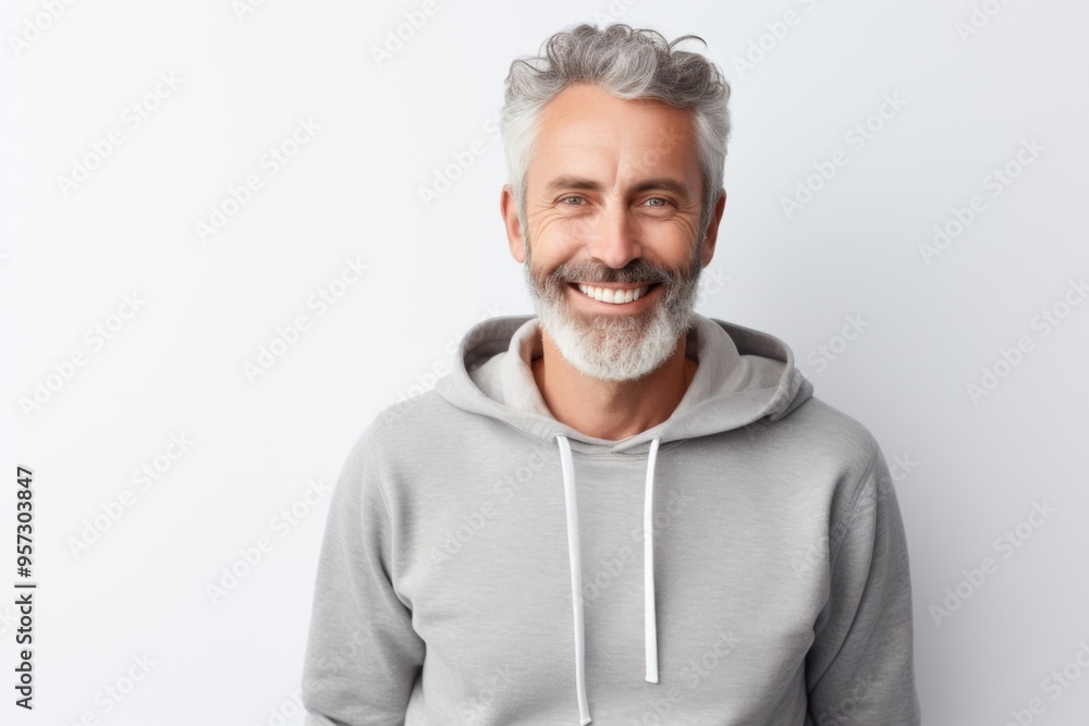 Portrait of a mature man with cheerful smile wearing hoodie against white background Portrait of a mature man with cheerful smile wearing hoodie against white background
