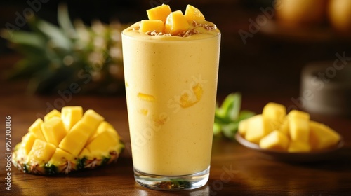 A tropical smoothie with mango and pineapple chunks on the side photo