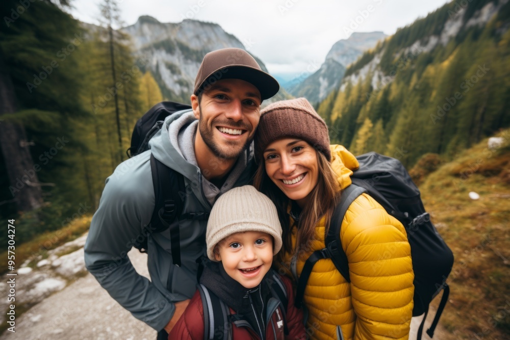 Portrait of a Caucasian family on mountain hike Portrait of a Caucasian family on mountain hike
