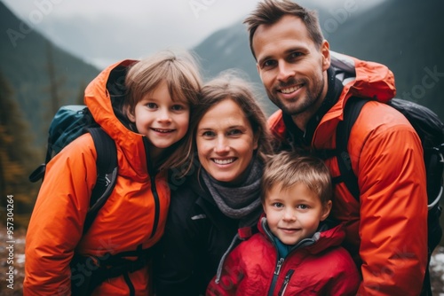 Portrait of a Caucasian family on mountain hike