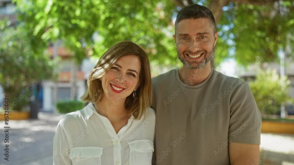 Man and woman smiling and cuddling in an urban park, showing love and happiness in an outdoor setting with greenery and buildings in the background Man and woman smiling and cuddling in an urban park, showing love and happiness in an outdoor setting with greenery and buildings in the background