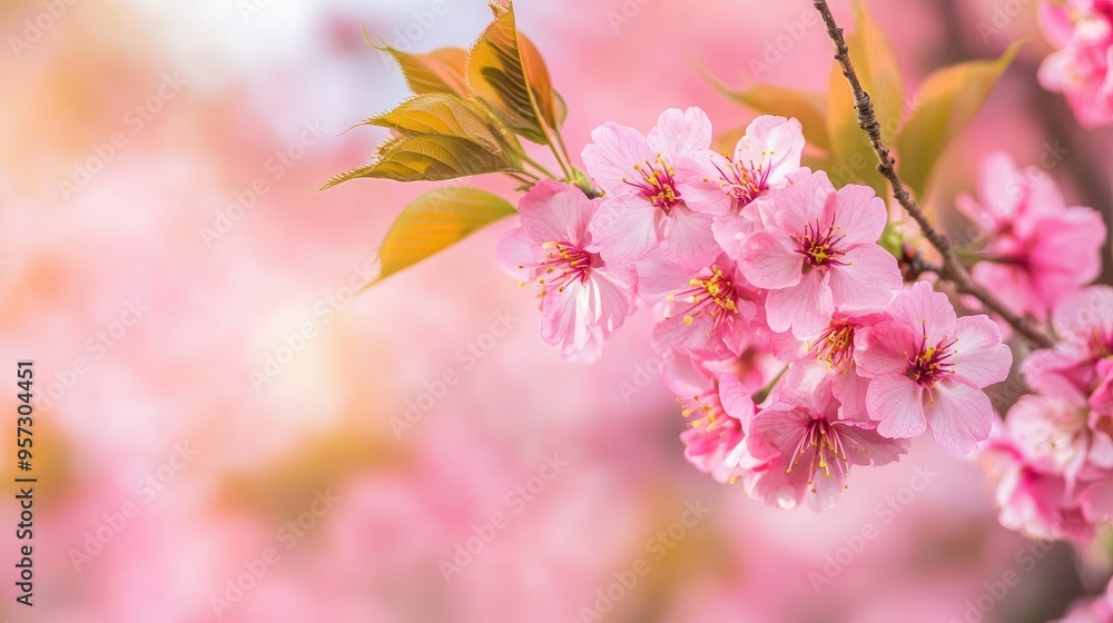 Cherry blossoms in full bloom against pink sky Cherry blossoms in full bloom against pink sky
