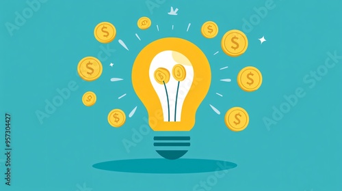 Light bulb with coins, representing idea-based financial growth, flat design illustration