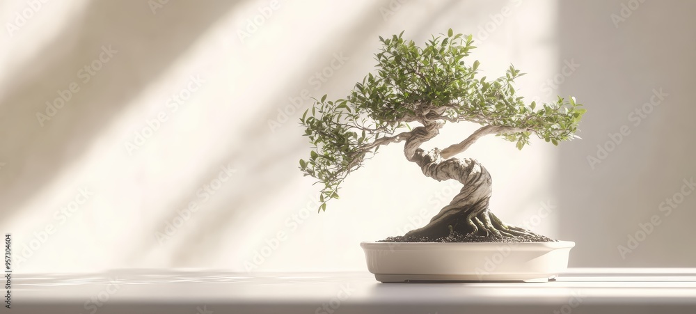 A bonsai tree carefully pruned into an elegant shape A bonsai tree carefully pruned into an elegant shape