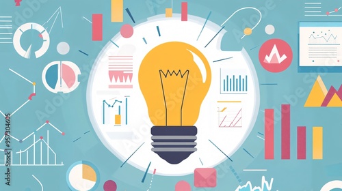 Light bulb surrounded by data and graphs, insight driving growth, flat design illustration photo