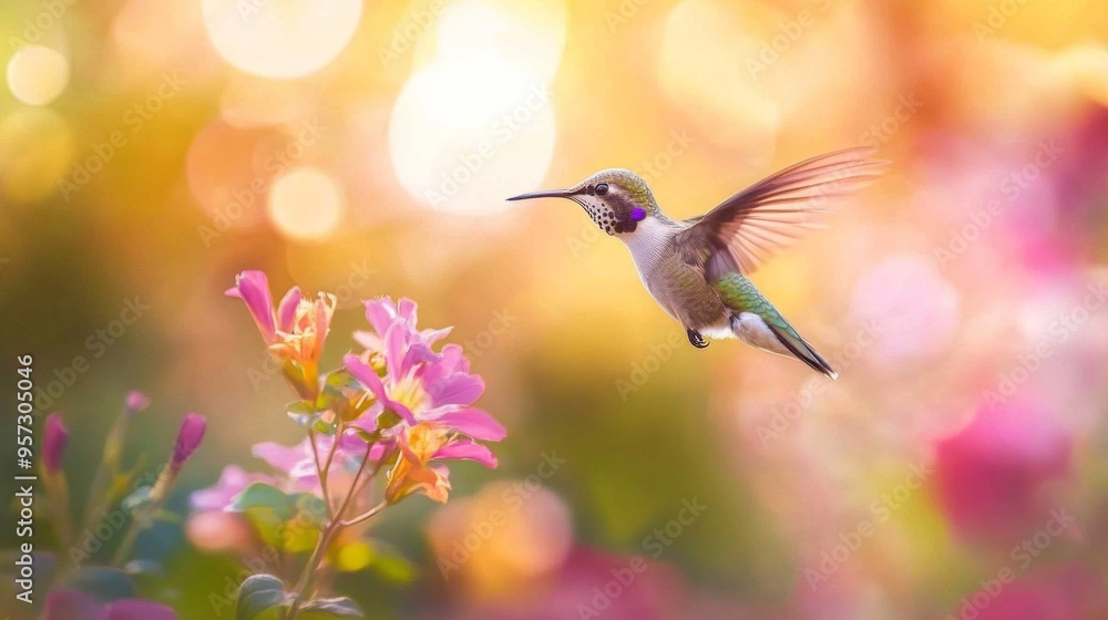 A detailed image of a hummingbird hovering near a vibrant flower, with its iridescent feathers and rapid wing beats vividly captured against a blurred garden background. A detailed image of a hummingbird hovering near a vibrant flower, with its iridescent feathers and rapid wing beats vividly captured against a blurred garden background.