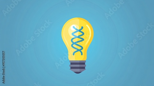 Light bulb with DNA strand, representing genetic growth of ideas, flat design illustration