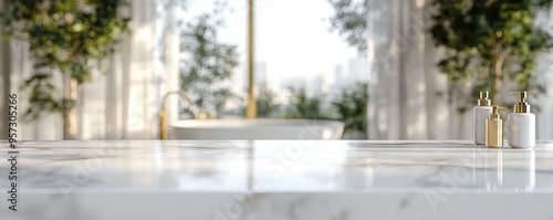 Elegant bathroom with marble countertop and serene view, featuring modern decor and lush greenery for a tranquil atmosphere.