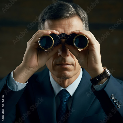 Creativity to help see business opportunity, vision to discover new solution or idea, curiosity, searching for success concept, businessman open lightbulb idea using binoculars to see business vision.