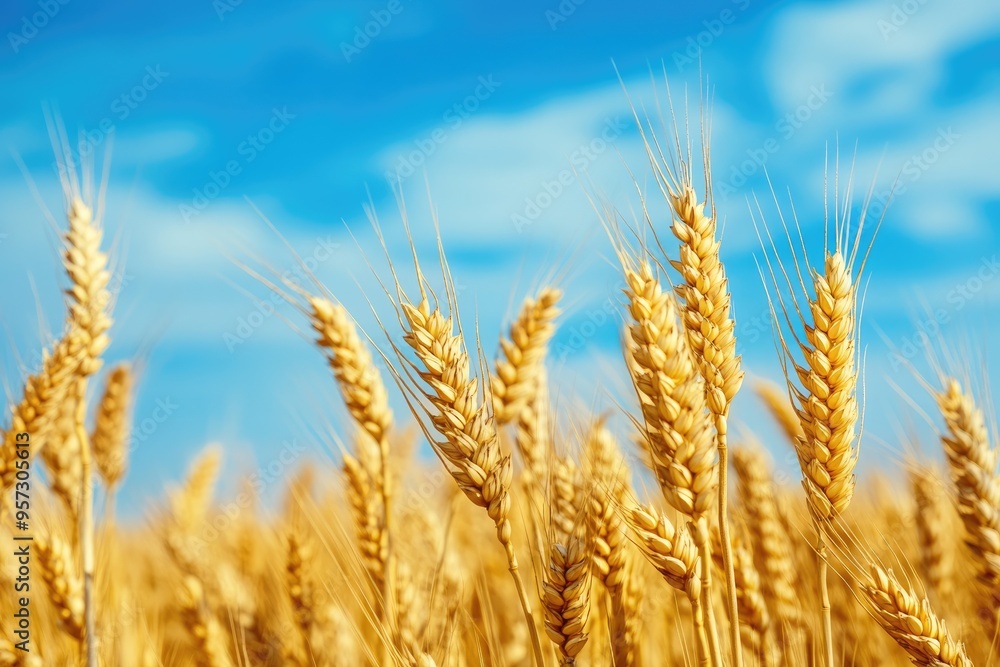 Beautiful nature background, ears of golden wheat on a sunny day against a blue sky. Ripening ears of wheat. Rich harvest. Beautiful nature background, ears of golden wheat on a sunny day against a blue sky. Ripening ears of wheat. Rich harvest.