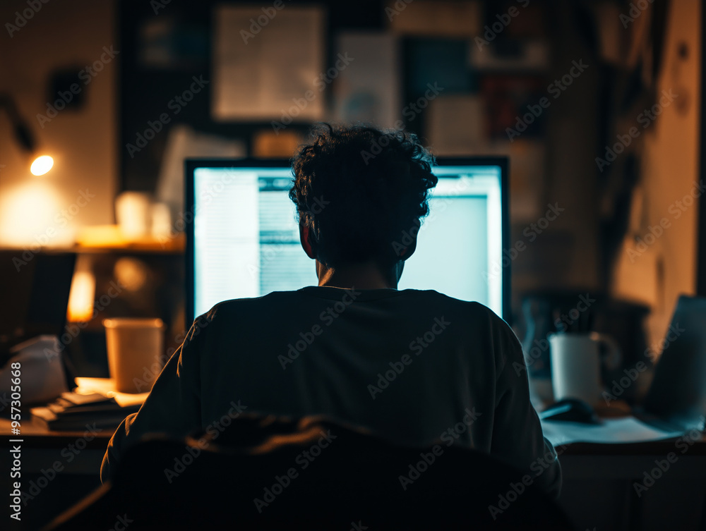 Person sitting in a dimly lit room, focused on a computer screen late at night, surrounded by a workspace filled with papers and a warm desk lamp illuminating the area Person sitting in a dimly lit room, focused on a computer screen late at night, surrounded by a workspace filled with papers and a warm desk lamp illuminating the area