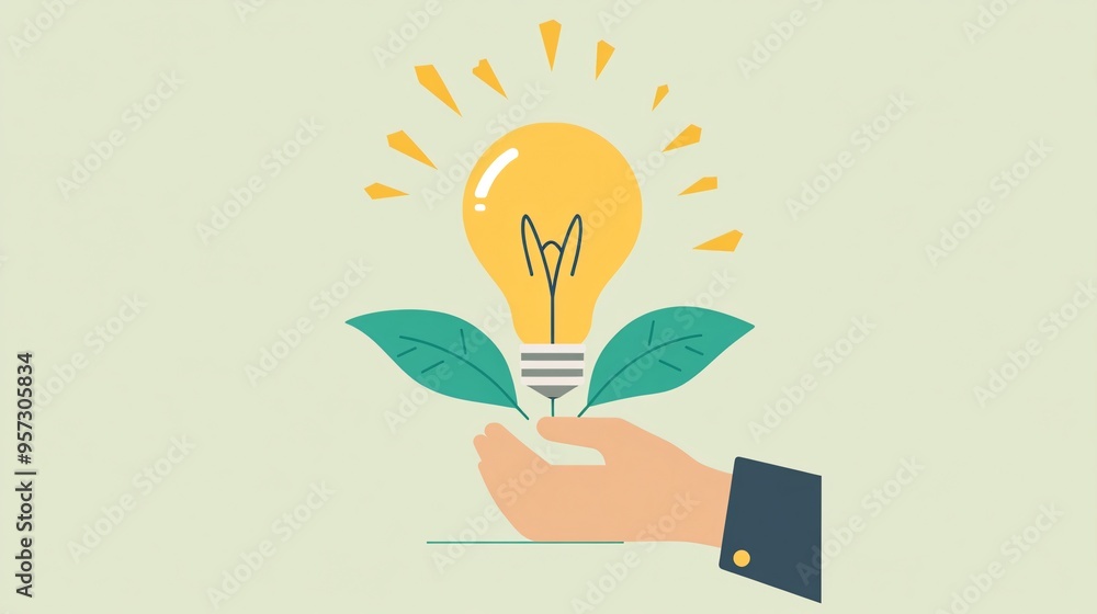Light bulb with a hand nurturing a plant, fostering ideas into growth, flat design illustration Light bulb with a hand nurturing a plant, fostering ideas into growth, flat design illustration