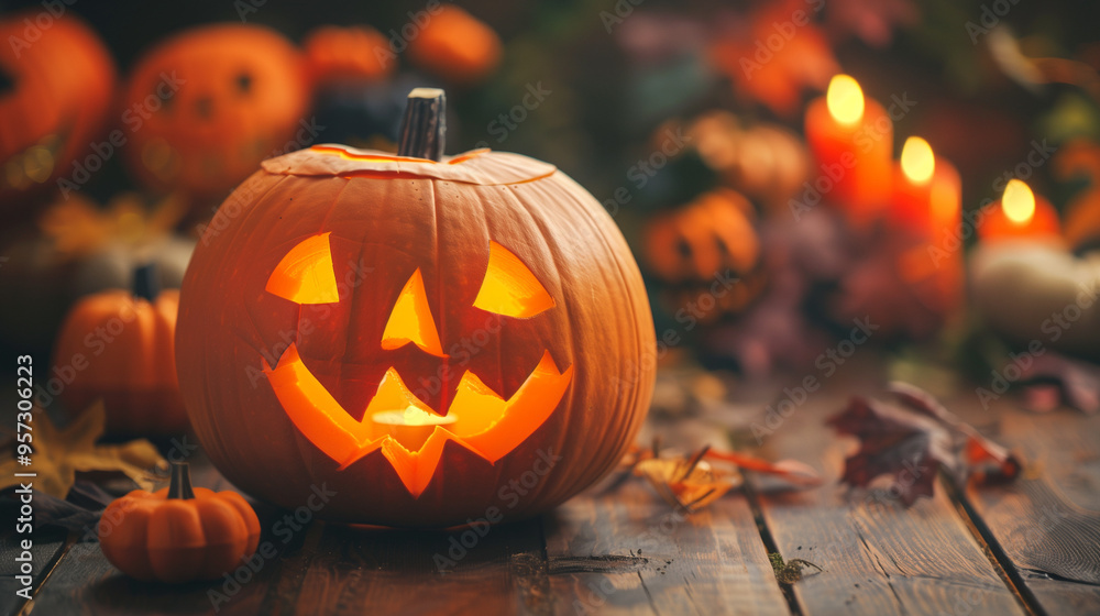 Glowing jack-o'-lantern on a wooden table with autumnal decorations. Glowing jack-o'-lantern on a wooden table with autumnal decorations.